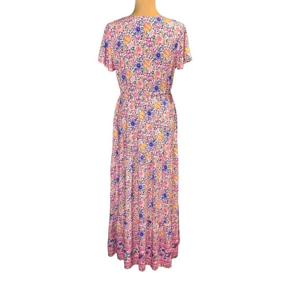 R Vivimos Tiered Floral Maxi Dress Sz.S Pink Short Sleeve Cottage Boho Romantic - Picture 5 of 16